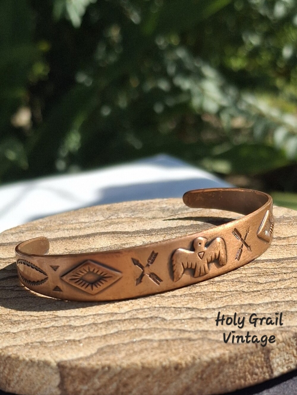 VTG Southwestern Stamped Bell Trading Post Copper Thunderbird Cuff Bracelet